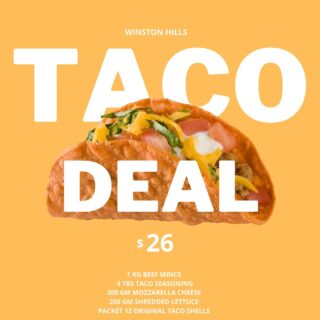 🌮 Matt’s Taco meal deal 🌮 

Head into Winston Hills today and grab our taco meal deal for $26

Includes:
1 kg beef mince
4 Tbs taco seasoning
300 gm shredded mozzarella cheese
200gm shredded lettuce
1 packet taco shells 

#taco #tacodeal #winstonhills #aussiebutcher #aussiebeef #tacos #mealdeal #tacosale